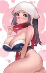  1girl adapted_costume alternate_breast_size black_hair blush bra breasts cleavage female_protagonist_(pokemon_legends:_arceus) head_scarf large_breasts light_smile looking_at_viewer pokemon pokemon_(game) pokemon_legends:_arceus ponytail red_scarf scarf solo strapless strapless_bra sumisumii underwear 