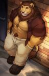  abs absurd_res amber_eyes anthro biceps bottomwear brown_body brown_fur brown_hair brown_nose cinna-tree claws clothed clothing felid feline footwear fur hair hi_res lion male mammal open_clothing open_shirt open_topwear orange_eyes pantherine pants pecs sharp_claws shirt shoes solo solo_focus tawny_fur topwear 