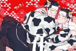  2021 2boys animal_ears animal_print ass black_eyes black_hair black_pants chinese_zodiac cow_boy cow_ears cow_horns cow_print facial_hair golden_kamuy hair_slicked_back hair_strand hanazawa_yusaku highres hisknn horns leg_between_thighs looking_at_viewer male_focus mature_male multiple_boys ogata_hyakunosuke on_person pants scar scar_on_cheek scar_on_face short_hair sideburns smile spread_legs stubble undercut yaoi year_of_the_ox 