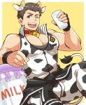  1boy alternate_costume animal_ears animal_print aopanda bara bare_shoulders bulge chinese_zodiac clothes_around_waist cow_boy cow_ears cow_horns cow_print cup feet_out_of_frame happy_new_year holding holding_cup horns idolmaster idolmaster_side-m jacket jacket_around_waist kemonomimi_mode large_pectorals male_cleavage male_focus milk muscular muscular_male new_year one_eye_closed pants shingen_seiji short_hair sidepec smile solo spread_legs thick_thighs thighs white_pants year_of_the_ox 