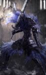  1boy absurdres armor artorias_the_abysswalker cape dark_souls fantasy full_armor haikei_(le_gris_no9) highres holding holding_sword holding_weapon looking_to_the_side male_focus open_hand over_shoulder solo souls_(from_software) sword torn_cape torn_clothes weapon weapon_over_shoulder 