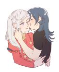  2girls bangs black_shirt blue_hair blush buttons byleth_(fire_emblem) byleth_(fire_emblem)_(female) cheek_kiss closed_mouth collar commentary_request couple dress edelgard_von_hresvelg fire_emblem fire_emblem:_three_houses from_side hand_on_another&#039;s_neck hug kiss long_hair long_sleeves looking_at_another multiple_girls one_eye_closed parted_lips puffy_long_sleeves puffy_sleeves purple_eyes red_dress riromomo shirt short_sleeves side_ponytail sidelocks simple_background smile turtleneck white_background white_hair yuri 