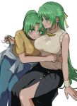  2girls arm_support blonde_hair blush breasts clothes_around_waist green_eyes green_hair grey_sweater hand_in_another&#039;s_hair head_on_another&#039;s_shoulder highres higurashi_no_naku_koro_ni hug large_breasts long_hair multiple_girls ponytail shirt siblings sierit sisters sleeveless sonozaki_mion sonozaki_shion sweater sweater_around_waist very_long_hair white_background yellow_shirt 