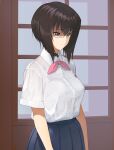  1girl a1 black_hair blue_skirt breasts brown_eyes closed_mouth commentary_request girls_und_panzer kawashima_momo medium_breasts monocle pink_neckwear pink_ribbon pleated_skirt ribbon shirt short_hair short_sleeves skirt solo white_shirt 