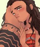  1boy 1girl arm_tattoo brown_eyes brown_hair crying crying_with_eyes_open dark_skin dark_skinned_female dark_skinned_male fingernails hand_on_another&#039;s_cheek hand_on_another&#039;s_face hetero highres jewelry looking_at_viewer maui_(moana) moana_(movie) moana_waialiki necklace pano_(mohayayamai) pov pov_hands size_difference strapless streaming_tears tattoo tears tribal_tattoo tubetop 