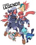  1boy 1girl black_hair blush clenched_hand closed_mouth commentary copyright_name cyndaquil dewott english_commentary female_protagonist_(pokemon_legends:_arceus) floating_hair floating_scarf gen_2_pokemon gen_5_pokemon gen_7_pokemon highres holding holding_poke_ball male_protagonist_(pokemon_legends:_arceus) mangoshake open_mouth pants poke_ball poke_ball_(legends) pokemon pokemon_(creature) pokemon_(game) pokemon_legends:_arceus rowlet sash scarf sidelocks smile teeth undershirt 