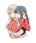  2girls arm_up bangs black_shirt blue_eyes blue_hair blush breasts byleth_(fire_emblem) byleth_(fire_emblem)_(female) closed_mouth collar collared_dress commentary_request couple dress edelgard_von_hresvelg eye_contact eyebrows_visible_through_hair fire_emblem fire_emblem:_three_houses from_side hair_between_eyes hair_ornament hug hug_from_behind jewelry large_breasts long_hair long_sleeves looking_at_another multiple_girls puffy_long_sleeves puffy_sleeves purple_eyes red_dress riromomo shirt short_sleeves sidelocks simple_background smile upper_body white_background white_hair yuri 
