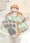  2020 4_toes anthro arknights black_body black_fur black_hair black_nose breasts di_do_di_do featureless_breasts feet felid female fingers fur hair hi_res looking_up mammal multicolored_body multicolored_fur multicolored_hair navel nude orange_body orange_fur orange_hair pantherine partially_submerged pawpads short_hair solo tiger toes towel video_games waaifu white_body white_fur white_hair 