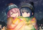  2girls beanie black_hair blanket blush closed_eyes enokitake hat hug kagamihara_nadeshiko multiple_girls night night_sky pink_hair shima_rin shooting_star sky smile yuri yurucamp 