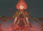  1girl absurdres bangs breasts chest_jewel closed_mouth earrings fingerless_gloves fingernails gem gloves headpiece highres jewelry looking_at_viewer moor pyra_(xenoblade) red_eyes red_hair red_shorts short_hair short_sleeves shorts solo swept_bangs tiara xenoblade_chronicles_(series) xenoblade_chronicles_2 