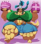  2021 3_toes 5_fingers 5_toes anthro big_breasts big_muscles birthday_cake blue_hair bobert bottomwear breasts brown_hair cake clothing dessert dinosaur dromaeosaurid duo feet fingers food gift gradient_background grin hair hi_res holding_object horn huge_breasts huge_muscles hybrid hyper hyper_breasts hyper_muscles looking_at_another mammal muscular pants plantigrade reptile scalie shirt simple_background sitting_on_another size_difference smile theropod toes topwear walking 