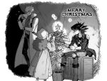  1girl 2boys bangs beanie belt boots box christmas christmas_ornaments christmas_tree closed_mouth coat commentary_request fudou_yuusei glowing greyscale hair_between_eyes hat jack_atlas jacket long_hair looking_at_another looking_back looking_to_the_side merry_christmas monochrome multicolored_hair multiple_boys pants pot print_shirt rally_dawson scarf shirt short_hair sitting socks spiked_hair standing star_(symbol) streaked_hair t-shirt torinomaruyaki two-tone_hair yu-gi-oh! yu-gi-oh!_5d&#039;s 