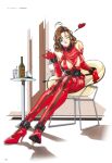  1990s_(style) 1girl antenna_hair bdsm bondage_outfit bottle brown_hair collar cup dated drinking_glass elbow_gloves full_body glass gloves heart high_heels highres holding holding_cup long_hair looking_at_viewer on_chair one_eye_closed original pumps red_footwear retro_artstyle sitting smile solo table umetsu_yukinori wine_glass wrist_cuffs 