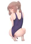  1boy anal anal_beads anus ass back bangs bar_censor bare_legs bare_shoulders barefoot blunt_bangs blush brown_hair censored closed_mouth from_behind highres hokuroryuseigun looking_back male_focus one-piece_swimsuit original otoko_no_ko penis ponytail precum precum_trail school_swimsuit sex_toy sidelocks simple_background solo squatting sweat swimsuit testicles white_background 