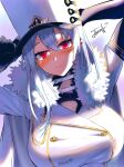  1girl azur_lane black_gloves blush breasts coat commentary_request fur_trim gloves hair_between_eyes hat highres jazz_(fuukan) large_breasts long_hair looking_at_viewer military_hat mole mole_under_eye red_eyes silver_hair solo sovetskaya_rossiya_(azur_lane) very_long_hair white_coat white_headwear 