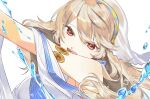  1girl :d azura_(fire_emblem) azura_(fire_emblem)_(cosplay) bangs blonde_hair corrin_(fire_emblem) corrin_(fire_emblem)_(female) cosplay eyebrows_visible_through_hair fire_emblem fire_emblem_fates floating_hair fm_r3dslov3 hair_between_eyes highres long_hair looking_at_viewer open_mouth portrait red_eyes shiny shiny_hair simple_background sleeveless smile solo very_long_hair water white_background 