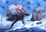  1girl anchor bangs black_legwear blue_sky breasts cannon casing_ejection chain cloud commentary_request day dress from_below gloves hair_ribbon headgear kantai_collection legs long_hair machinery murakumo_(kancolle) necktie ocean open_mouth orange_eyes outdoors pantyhose red_neckwear remodel_(kantai_collection) ribbon rigging sailor_dress shell_casing sidelocks silver_hair sky smoke solo standing standing_on_liquid thighband_pantyhose tress_ribbon turret waves weapon zombie_mogura 