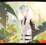  1boy arms_behind_back closed_mouth coat cyrus_(pokemon) day flower foliage grey_hair leaf looking_at_viewer male_focus outdoors p-40_(tukinosita-de) pokemon pokemon_(game) pokemon_dppt red_flower solo spiked_hair team_galactic tree 