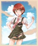  1girl :o bangs black_bra black_panties blue_sky border bra brown_eyes cloud commentary cowboy_shot danganronpa_(series) danganronpa_2:_goodbye_despair day dress dress_shirt freckles furrowed_eyebrows green_dress hand_on_hip koizumi_mahiru looking_at_viewer necktie ocean open_mouth page_tear panties pinafore_dress plaid_neckwear pleated_dress polka_dot polka_dot_bra polka_dot_panties red_hair red_neckwear revealing_layer sazanami_(saza73) school_uniform shirt short_hair short_sleeves side-tie_panties sky solo swimsuit tan_background texture underwear upper_teeth white_neckwear white_shirt 