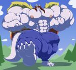 2021 4_fingers 4_toes anthro balls barefoot big_balls big_bulge big_muscles big_pecs big_penis bobert bottomwear brown_hair bulge clothed clothing cloud day denim denim_clothing dragon feet fingers fist flexing forest genitals grin hair horn huge_balls huge_bulge huge_muscles huge_penis hyper hyper_balls hyper_bulge hyper_genitalia hyper_muscles hyper_penis jeans long_hair looking_at_viewer male marching muscular muscular_anthro muscular_male nipples pants pecs penis pink_nipples plant plantigrade sky smile solo toes topless tree white_body wings 