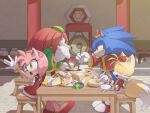  1girl 3boys :o amy_rose anger_vein animal_nose blush bracelet chinese_clothes chopsticks closed_eyes dress elbow_gloves food furry gloves green_eyes hat holding holding_chopsticks jewelry knuckles_the_echidna long_sleeves misuta710 multiple_boys red_dress restaurant rivalry sitting snout sonic sonic_the_hedgehog sonic_world_adventure sweatdrop table tails_(sonic) white_gloves 