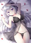  1girl animal_ear_fluff animal_ears arm_up armpits bangs bare_shoulders black_bow black_bra black_panties black_ribbon blush bow bra breasts breasts_apart cameltoe cat_ears cat_girl cat_tail collarbone crossed_bangs grey_hair groin hair_bow hair_ribbon highres lace-trimmed_bra lace-trimmed_panties lace_trim lingerie long_hair looking_at_viewer lying momochi_chia navel on_back original panties petals purple_eyes ribbon see-through sleeveless solo tail thigh_gap thighs underwear underwear_only 