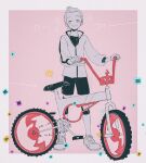  1boy bicycle blush closed_eyes closed_mouth commentary_request ground_vehicle holding knee_pads male_focus p-40_(tukinosita-de) pokemon pokemon_(game) pokemon_swsh rotom_bike shirt shoes short_hair shorts smile solo standing victor_(pokemon) zipper_pull_tab 