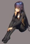  1girl character_request commentary_request copyright_request kokutan_kitsunen lizard_girl long_hair looking_to_the_side mole purple_hair sharp_toenails simple_background sitting solo toenails yellow_eyes 