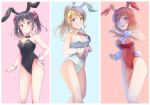  3girls animal_ears ayase_eli bad_id bad_twitter_id bangs belly bibi_(love_live!) black_leotard black_neckwear blonde_hair blue_eyes blue_leotard blush bow bowl_cut bowtie breasts bunny_ears bunny_tail cleavage cowboy_shot detached_collar embarrassed eyebrows_visible_through_hair fake_animal_ears fake_tail flat_chest frown groin hair_bow hair_ornament highres leotard looking_at_viewer love_live! love_live!_school_idol_project medium_breasts multiple_girls nishikino_maki omoi_seiji open_mouth playboy_bunny ponytail purple_eyes red_bow red_hair red_leotard scowl short_hair short_twintails simple_background solo source_request strapless strapless_leotard tail tearing_up thighs twintails wavy_mouth white_background wrist_cuffs yazawa_nico 