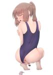  1boy anal anal_beads anus ass back bangs bar_censor bare_legs bare_shoulders barefoot blunt_bangs blush brown_hair censored closed_eyes from_behind gaping highres hokuroryuseigun male_focus nose_blush one-piece_swimsuit open_mouth original otoko_no_ko penis ponytail precum precum_trail school_swimsuit sex_toy sidelocks simple_background solo squatting sweat swimsuit testicles white_background 