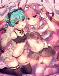  2girls :d animal_ears arm_up bangs bell black_bra black_hairband black_legwear black_panties blush bow bow_bra bow_panties bra brown_jacket brown_skirt capelet cat_ears cat_tail closed_mouth commentary_request eyebrows_visible_through_hair fake_animal_ears frilled_legwear fur-trimmed_capelet fur_trim garter_straps green_hair hair_between_eyes hair_bow hair_ornament hairband heart heart_hair_ornament highres jacket jingle_bell kneeling lilia_chocolanne long_hair long_sleeves multiple_girls navel off_shoulder open_clothes open_jacket original panties pink_capelet pink_hair pleated_skirt puffy_long_sleeves puffy_sleeves purple_eyes rabbit_ears rabbit_girl rabbit_tail red_bow red_eyes skirt sleeves_past_wrists smile star_(symbol) star_hair_ornament striped striped_legwear suzunone_rena tail thighhighs twintails underwear very_long_hair x_hair_ornament 