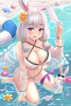  1girl :3 animal_ears bangs barefoot beach bikini blunt_tresses blush bracelet breasts bunny bunny_ears carrot_hair_ornament chang&#039;e chinese_mythology cleavage collarbone eyebrows_visible_through_hair flower food_themed_hair_ornament hair_flower hair_ornament innertube jewelry keikei_(kitty_colors) large_breasts leg_ribbon long_hair long_sleeves looking_at_viewer navel o-ring o-ring_bikini off_shoulder open_mouth orange_flower partially_submerged petals pink_flower purple_eyes purple_ribbon ribbon seashell see-through shell silver_hair sitting solo starfish sunglasses swimsuit toes wariza water wet wet_clothes white_bikini white_flower yellow_flower 