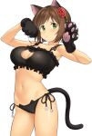  1girl absurdres animal_ears armpits bangs black_bra black_gloves black_panties black_tail blush bra breasts brown_hair cat_cutout cat_ears cat_lingerie cat_tail cleavage_cutout clothing_cutout commentary cosplay fake_animal_ears flower gloves green_eyes groin hair_flower hair_ornament hatakenaka_(kamagabuchi) highres idolmaster idolmaster_cinderella_girls looking_at_viewer maekawa_miku medium_breasts meme_attire navel panties paw_gloves paw_pose paws red_flower short_hair side-tie_panties simple_background solo standing tail underwear underwear_only white_background 