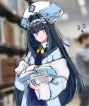  1girl bangs blue_eyes blue_hair blurry blurry_background book chinese_commentary expressionless fur_trim hairband head_tilt holding holding_book hololive hololive_china librarian library looking_at_viewer monocle open_book photo_background rosalyn_(hololive) sketch solo virtual_youtuber white_hairband yami_usagi 