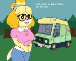  5:4 animal_crossing anthro big_breasts blush breasts canid canine canis clothed clothing dialogue domestic_dog english_text eyewear female fur glasses grass hair isabelle_(animal_crossing) looking_at_viewer mammal nintendo open_mouth outside plant rv shih_tzu smile solo standing teeth text tongue toonarscontent toy_dog tree vehicle video_games wide_hips yellow_body yellow_fur 