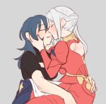  2girls back back_cutout bangs black_shirt blush byleth_(fire_emblem) byleth_(fire_emblem)_(female) cheek_kiss cleavage_cutout closed_mouth clothing_cutout collar collared_dress commentary_request couple dress edelgard_von_hresvelg eyebrows_visible_through_hair fire_emblem fire_emblem:_three_houses from_side hair_between_eyes hand_on_another&#039;s_cheek hand_on_another&#039;s_face hug kiss long_hair long_sleeves multiple_girls parted_lips puffy_long_sleeves puffy_sleeves red_dress riromomo shirt short_sleeves side_ponytail sidelocks sitting smile upper_body white_hair yuri 