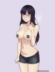  1girl absurdres bandaid bandaids_on_nipples bangs bare_shoulders belt black_belt black_hair black_shorts breasts collarbone cowboy_shot damodar english_text eyebrows_visible_through_hair grey_background hand_on_own_chest highres hyuuga_hinata large_breasts light_purple_eyes long_hair looking_at_viewer lowleg lowleg_shorts naruto:_road_to_ninja navel no_pupils panties pasties red_lips red_panties short_shorts shorts smile smirk solo stomach topless underwear 