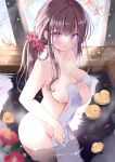  1girl bangs bath blurry blush breasts brown_hair collarbone covering depth_of_field eyebrows_visible_through_hair flower hair_ornament hair_scrunchie hand_up hoshino_koucha long_hair looking_at_viewer medium_breasts nude nude_cover ofuro onsen original parted_lips petals ponytail purple_eyes rubber_duck scrunchie sidelocks snowing solo standing steam towel wading water wet white_towel 