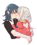  2girls back_cutout bangs black_shirt blue_eyes blue_hair blush byleth_(fire_emblem) byleth_(fire_emblem)_(female) closed_eyes clothing_cutout collar commentary_request couple dress edelgard_von_hresvelg eyebrows_visible_through_hair fire_emblem fire_emblem:_three_houses from_side hair_between_eyes hug kiss long_hair long_sleeves looking_at_another multiple_girls puffy_long_sleeves puffy_sleeves red_dress riromomo shirt short_sleeves side_ponytail sidelocks simple_background sweatdrop upper_body white_background white_hair yuri 