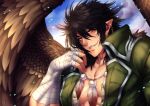  1boy bandages bara black_hair crescentia feather_necklace feathered_wings fire_emblem fire_emblem:_radiant_dawn head_tilt large_pectorals looking_at_viewer male_cleavage male_focus medium_hair muscular muscular_male pointy_ears scar scar_on_chest sidelocks solo tibarn_(fire_emblem) upper_body wings yellow_eyes 