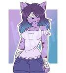  anthro band-aid bandage crazy_guy_(artist) domestic_cat felid feline felis female fur hair mammal purple_body purple_fur purple_hair solo 