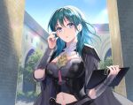  1girl arm_guards armor bangs blue_eyes blue_hair breasts building byleth_(fire_emblem) byleth_(fire_emblem)_(female) cape clothing_cutout corset day eyebrows_visible_through_hair fire_emblem fire_emblem:_three_houses grey_cape hand_up holding large_breasts long_hair navel navel_cutout outdoors parted_lips shoulder_armor solo sunlight tassel underbust upper_body yamyom 
