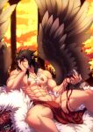  1boy abs bara black_hair bulge crescentia cup drinking_glass elbow_rest feather_necklace feathered_wings feet_out_of_frame fire_emblem fire_emblem:_radiant_dawn highres holding holding_cup large_pectorals male_focus medium_hair muscular muscular_male navel nipples nude pelvic_curtain pointy_ears scar scar_on_chest sidelocks solo spilling spread_legs spread_wings stomach sunset thick_thighs thighs tibarn_(fire_emblem) wine_glass wings yellow_eyes 