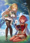  absurdres bangs bare_shoulders blonde_hair breasts chest_jewel dress earrings elbow_gloves fingerless_gloves gloves highres ioriwu8 jewelry large_breasts letter long_hair mythra_(xenoblade) pyra_(xenoblade) red_eyes red_hair short_dress short_hair super_smash_bros. swept_bangs swimsuit thigh_strap tiara very_long_hair white_dress white_footwear white_gloves white_swimsuit xenoblade_chronicles_(series) xenoblade_chronicles_2 yellow_eyes 