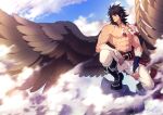  1boy abs bara black_hair bulge cloud cloudy_sky crescentia feather_necklace feathered_wings fire_emblem fire_emblem:_radiant_dawn full_body large_pectorals leather leather_pants looking_to_the_side male_focus medium_hair muscular muscular_male navel nipples pants pointy_ears scar scar_on_chest shirtless sidelocks sky solo spread_wings squatting stomach tibarn_(fire_emblem) white_pants wings yellow_eyes 