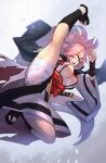  1girl angry baiken bandages breasts eyepatch facial_tattoo guilty_gear guilty_gear_xrd high_kick highres japanese_clothes kicking large_breasts long_hair looking_at_viewer open_mouth pink_eyes pink_hair sakazu_mekasuke samurai tattoo 