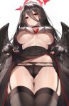  1girl ass_visible_through_thighs black_gloves black_hair black_legwear black_panties black_skirt blue_archive blush breasts choker cowboy_shot eyebrows_visible_through_hair garter_belt garter_straps gloves hair_between_eyes halo hasumi_(blue_archive) highres large_breasts long_hair long_sleeves looking_at_viewer looking_down low_wings mole mole_under_eye necktie panties parted_lips pleated_skirt red_eyes red_neckwear shiny shiny_hair shirt simple_background skirt skirt_lift solo sora_72-iro thigh_gap thighhighs underboob underwear white_background wings 