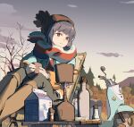  1girl blue_hair chair chinese_commentary commentary_request cup folding_chair ground_vehicle hat highres holding jacket motor_vehicle outdoors purple_eyes scarf scooter shima_rin sitting solo tennohi twilight winter_clothes yamaha_vino yurucamp 