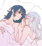  2girls bangs bare_shoulders bed_sheet blanket blue_eyes blue_hair blush breasts byleth_(fire_emblem) byleth_(fire_emblem)_(female) cleavage closed_mouth collarbone commentary_request couple edelgard_von_hresvelg eyebrows_visible_through_hair fire_emblem fire_emblem:_three_houses from_side hair_between_eyes holding_another&#039;s_arm long_hair looking_at_another lying multiple_girls on_back pillow riromomo sidelocks simple_background sleeveless smile white_background white_hair yuri 