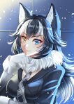  1girl animal_ear_fluff animal_ears black_hair black_jacket black_neckwear blue_eyes breasts closed_mouth commentary_request fur_collar gloves grey_wolf_(kemono_friends) hand_up heterochromia highres jacket kemono_friends long_hair long_sleeves looking_at_viewer medium_breasts multicolored_hair necktie plaid_neckwear smile solo streaked_hair upper_body villyane white_gloves white_hair wolf_ears yellow_eyes 